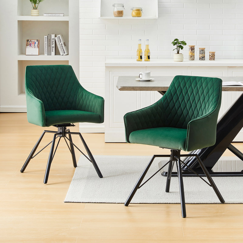 Set Of 2 Velvet Swivel Dining Chairs With Arms, 360° Rotatable Upholstered Accent Chairs With Metal Legs, Green