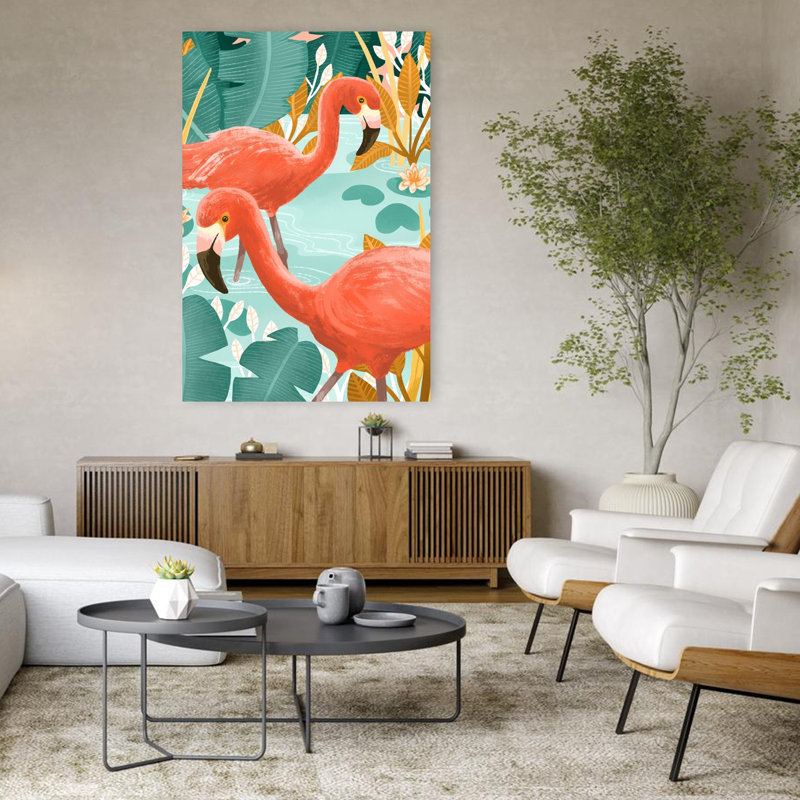 Art contemporain, paysage abstrait, oiseau, flamant, forêt, paysage, H 48 po x l 32 po