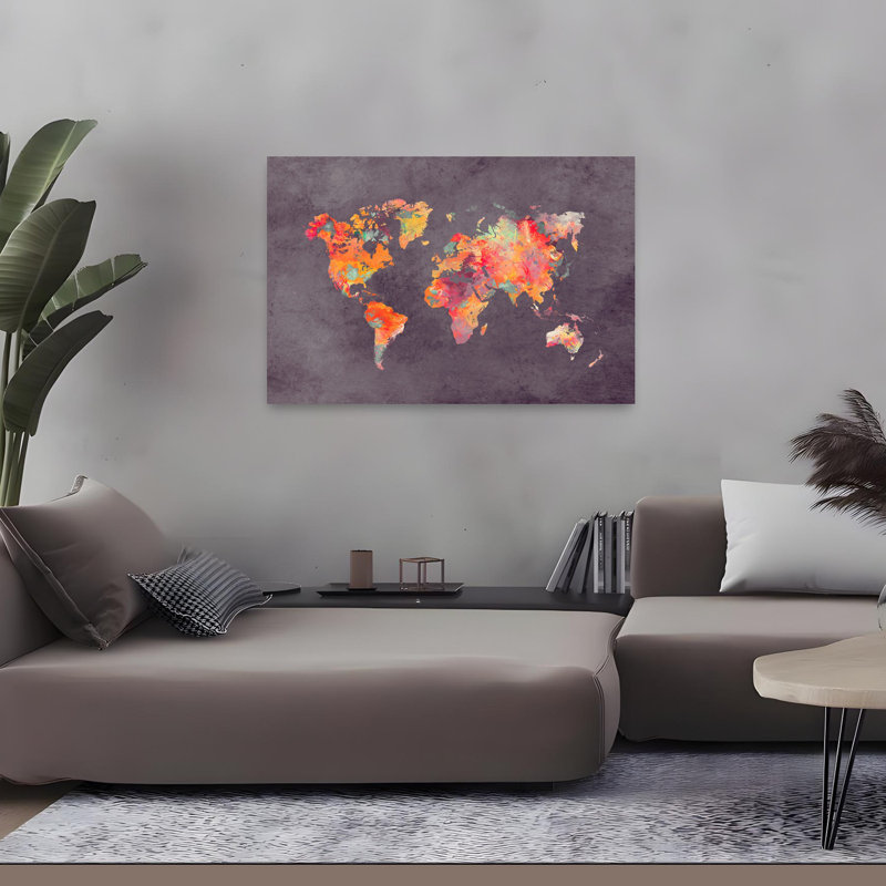 «Vibrant World Map», art mural contemporain, 32" H x 48" W