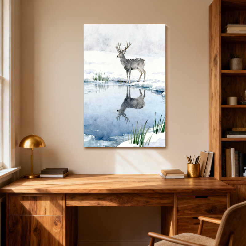 Reproduction d'aquarelle, animaux, hiver, cerf