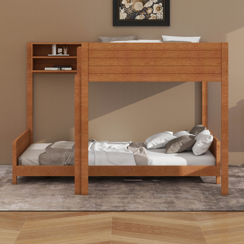Lit superposé en bois double TG avec tablette de rangement intégrée et échelle, Noyer