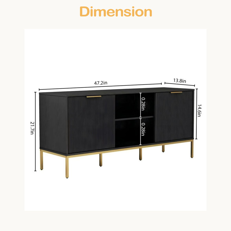 Meuble télé moderne avec portes, pieds et poignées à conception ondulée, charnières à fermeture en douceur, tablette ouverte et tablette réglable - élégant et fonctionnel pour votre salon, facile à assembler