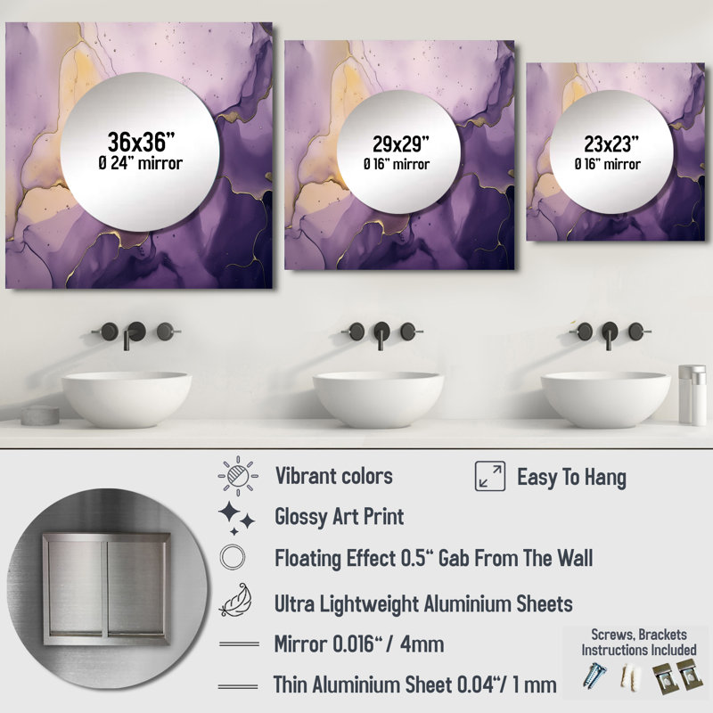 Arianis - mauve et or marbre encre nuages I fractales miroir mural pour salle de bain, 23 po x 23 po