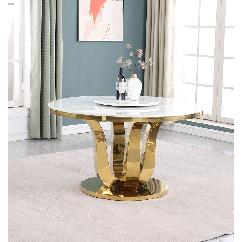 Round White Marble Dining Table with Gold Stainless Steel Base and Lazy Susan