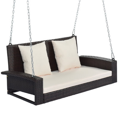 Balancelle pour 2 personnes en osier avec coussin et coussin, banc en rotin pour jardin, cour, étang, brun et beige