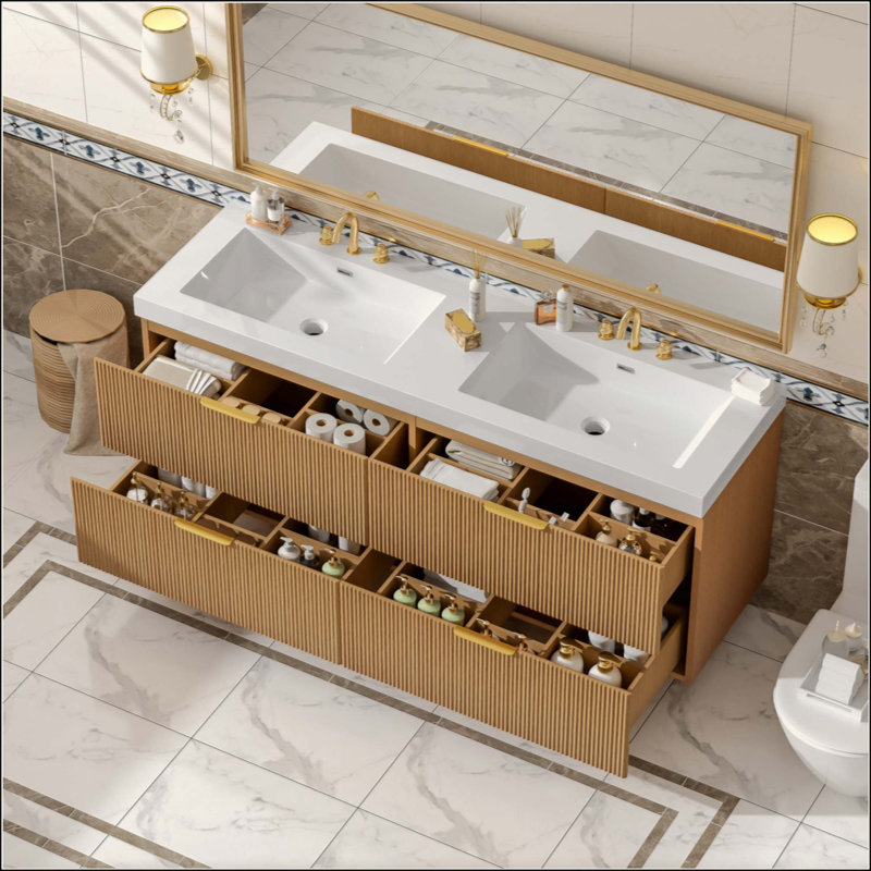 Meuble-lavabo double avec comptoir SMC, armoire en panneau de fibres à densité moyenne peint, tiroirs à fermeture en douceur, meuble-lavabo mural moderne