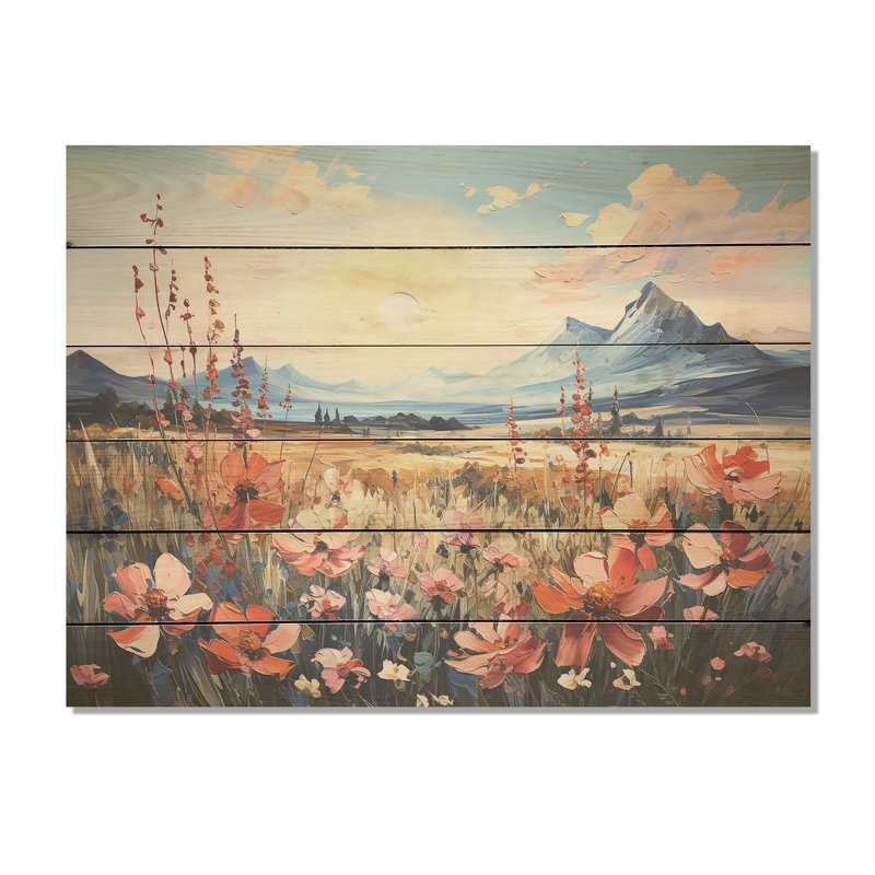 Paysage de montagne orange et bleu Bonnets - Fleurs, art mural sur bois de pin naturel, H 30 po x l 40 po