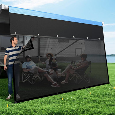 Rv Awning Shade Screen With Zipper 9' X 15'3", 600d Oxford Fabric Top, Heavy-duty Mesh Sunshade, 95% Uv Blocking Privacy Screen Kit For Campers & Trailers