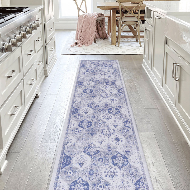 Blue Washable Rug Runner Rug, Runner 2'6" x 10'