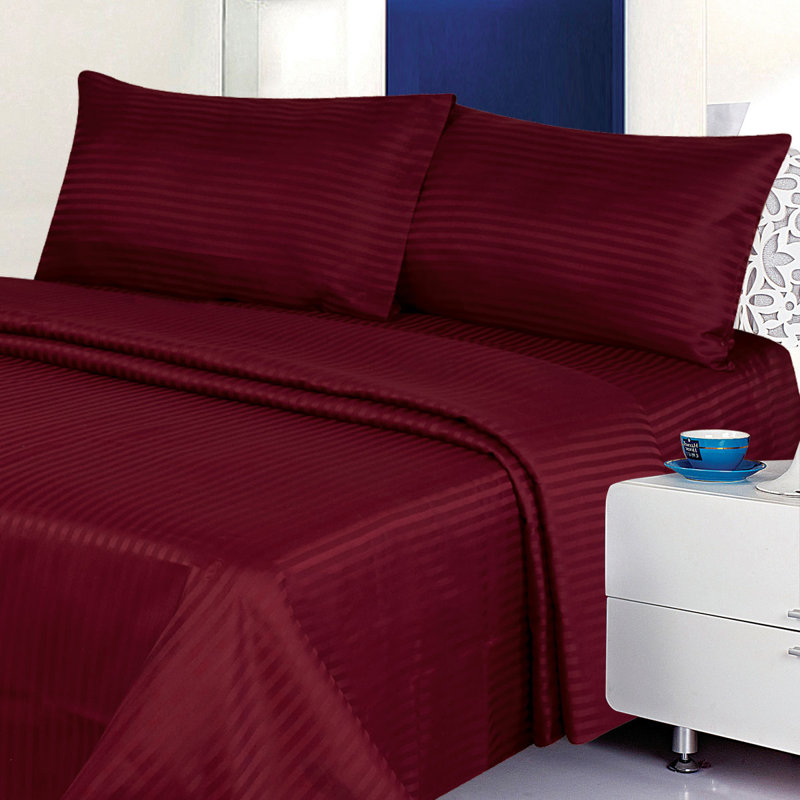 100% Cotton Sateen Striped Sheet Set, Queen Sheet Set + 2 Pillowcases, Burgundy