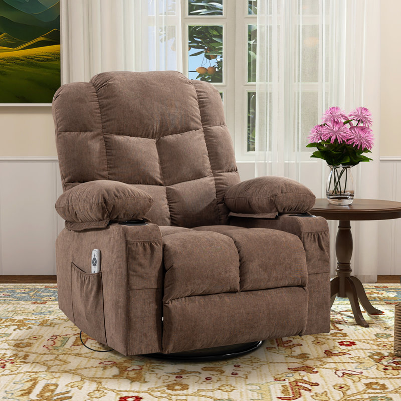 Chemika 37.4" W Massage Heater Recliner, 360° Swivel, 30° Rocker, Cup Holders, USB Port, Brown Polyester