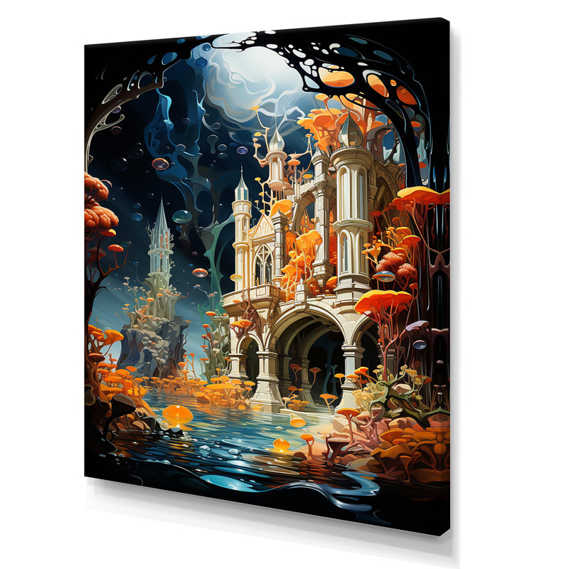Mahima, surréalisme, le château submergé sur toile, Toile tendue, H 32 po x l 24 po x P 1 po