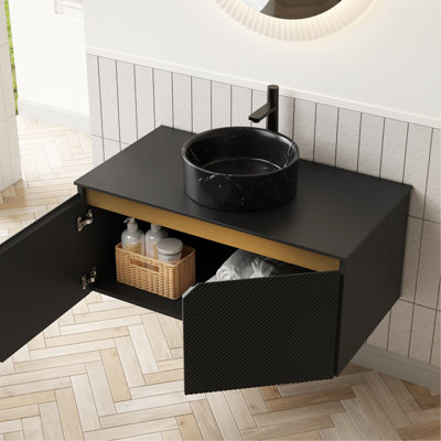 Meuble-lavabo et lavabo 36 po, armoire de rangement flottante murale en contreplaqué, portes doubles en sergé avec garniture en métal, vasque ronde en céramique noire avec motif en pierre et plateau en pierre frittée noire, noir