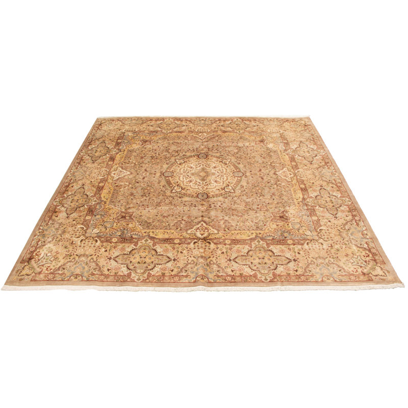 Tapis carré kaki clair en laine nouée à la main de conception unique 9 pi 11 po Nouvel Âge