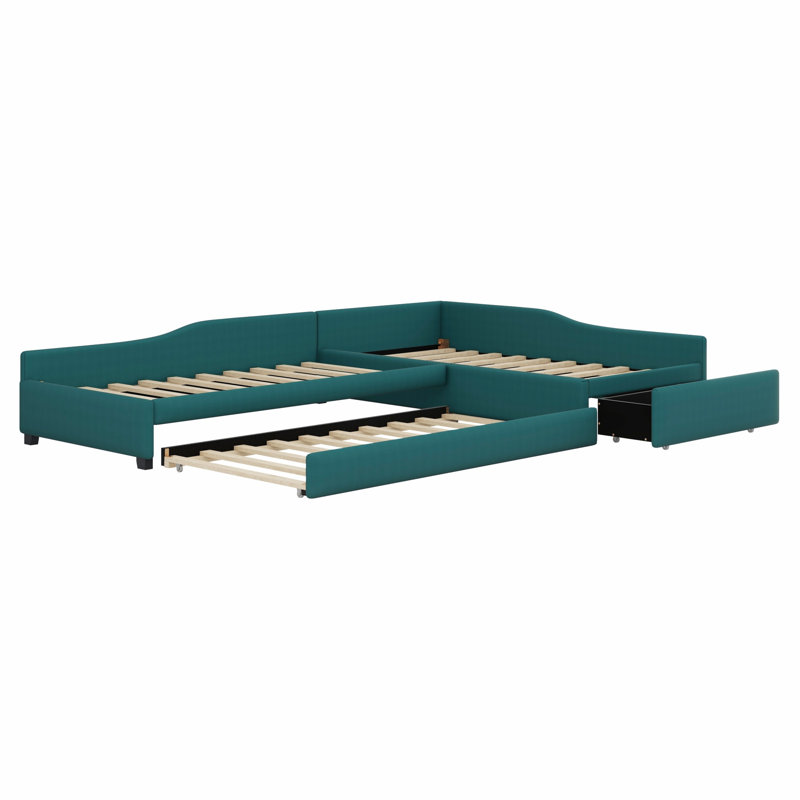 Upholstered Double Daybed With Trundle And Drawer, Green