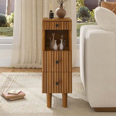 Table d'appoint étroite cannelée de 20 cm de large avec tiroir de rangement, table d'appoint moderne en bois pour salon ou chambre.