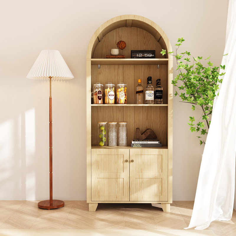  71'' Tall Arched Kitchen Pantry Storage Cabinet, 5-Tier Bookcase with Open Shelves, Natural Oak