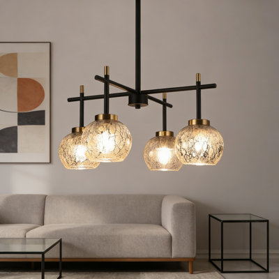 Modern 4-Light Chandelier With Mercury Glass Shades, Black And Gold Pendant Light Fixture For Dining Room, Kitchen, Entryway Or Foyer