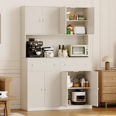 47" White Fluted Kitchen Pantry Cabinet with Countertop and Charging Station, 2 Drawers and Adjustable Shelves, Tall Storage Cabinet for Dining Room a