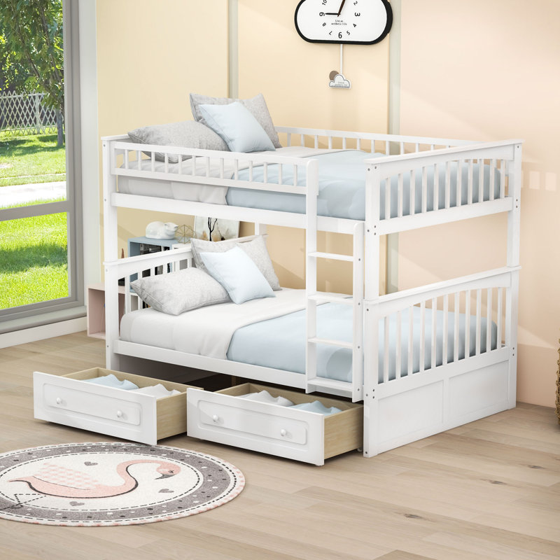 Lit superposé convertible double au-dessus de double avec tiroirs, Blanc