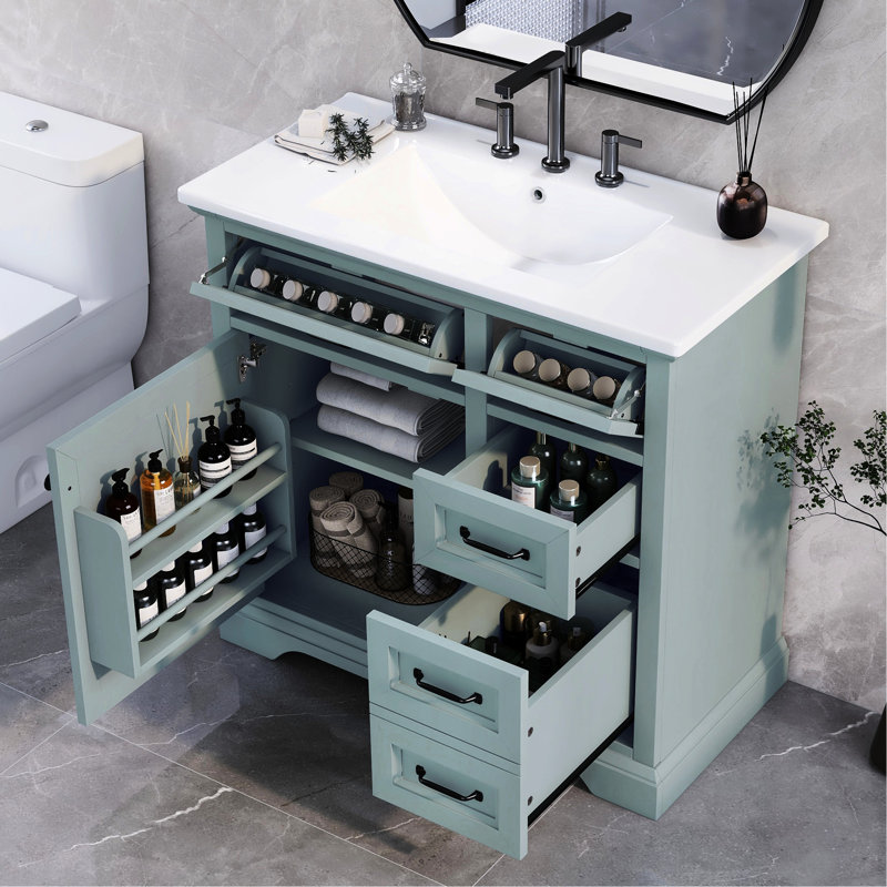 Meuble-lavabo gris avec lavabo 36 po - lavabo en céramique, 4 rangements, porte silencieuse 4, porte