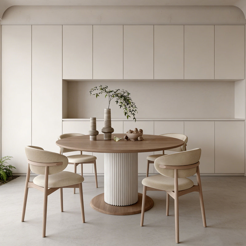 Table de salle à manger ronde en bois massif crème, Ensemble de cinq pièces : table, quatre chaises