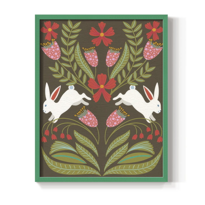 «Folk Flower And Rabbit I», Vert, H 30 po x l 24 po