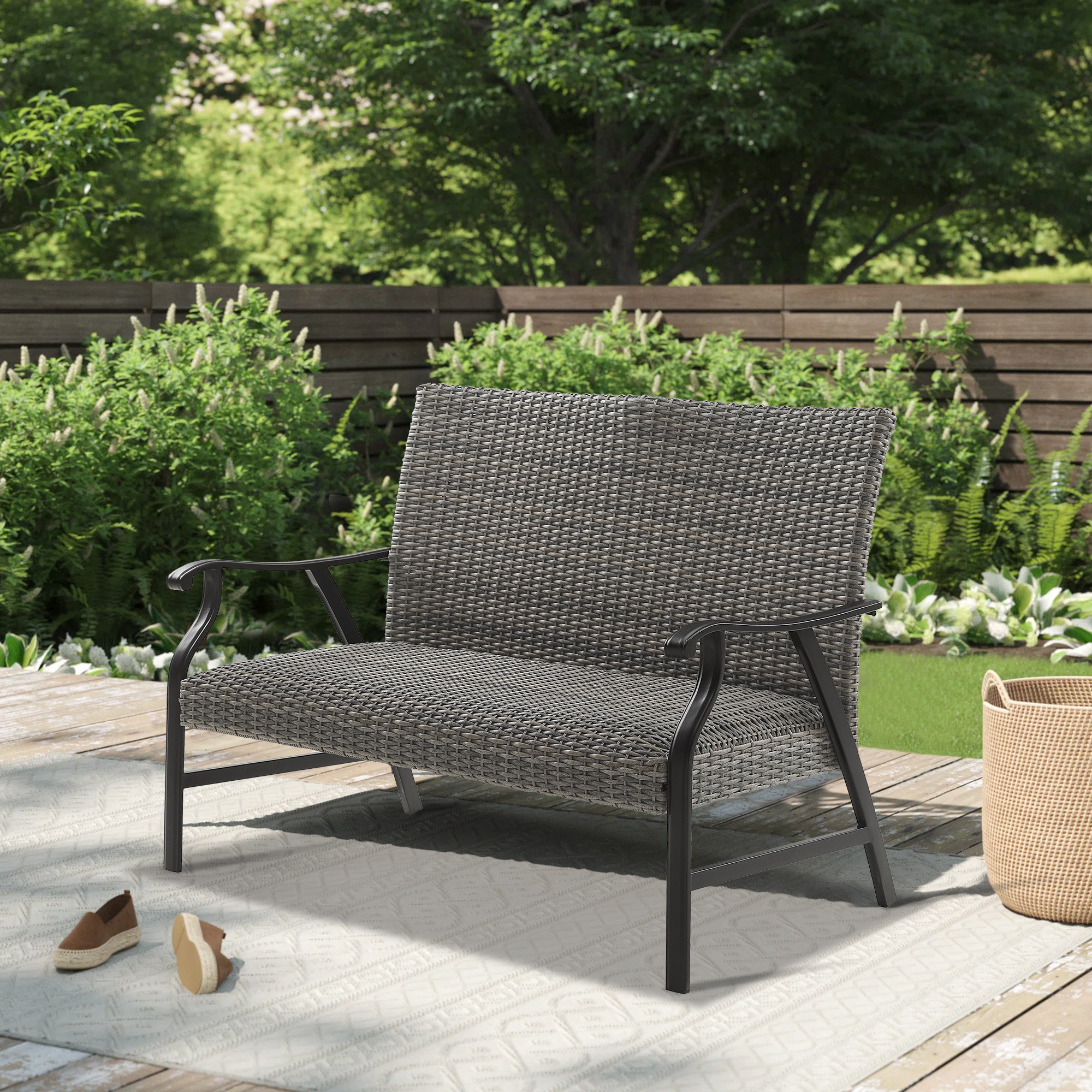 Patio Padded Wicker Bench