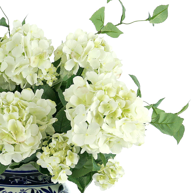 Hydrangea Floral Arrangement In A Decorative Ceramic Vase, White, 24" H x 21" W x 21" D
