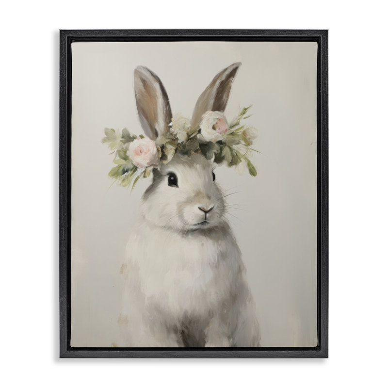 Art mural en toile White Bunny, Cadre flottant noir de jais, H 21 po x l 17 po