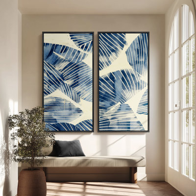 Large Framed Canvas Wall Art Set - Blue Botanical Leaf Modern Indigo Watercolor Beach House Prints - 60"x20"x2pcs