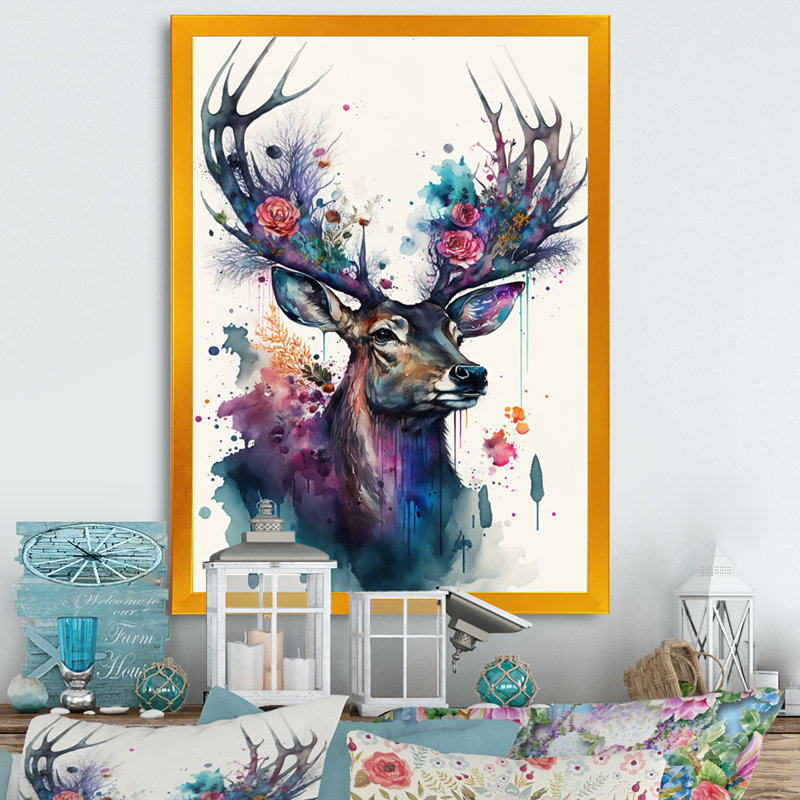 Mignon cerf Floral II - peinture sur toile, Encadrement doré, H 32 po x l 24 po x P 1 po