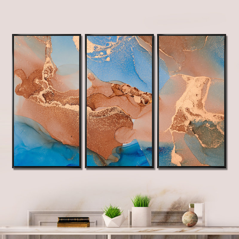 Bleu et brun, luxe, art abstrait fluide, art moderne sur toile encadrée moderne, ensemble de 3, H 28 po x l 36 po x P 1 po