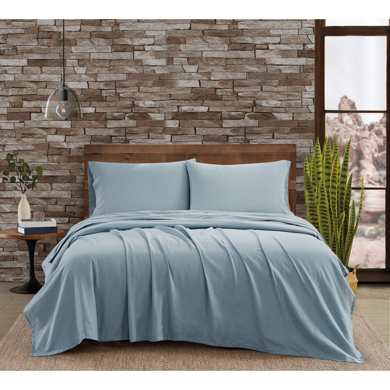 FRYE Cotton Linen Blend Sheet Set, Light Blue, King Sheet Set + Fitted Sheet + 2 Pillowcases