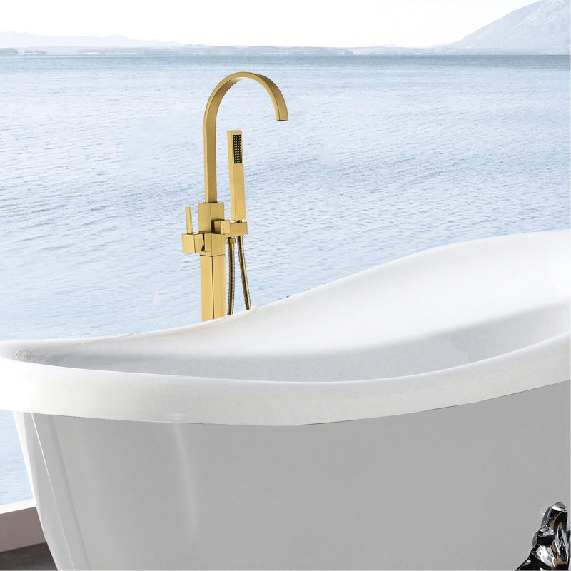 Bathtub Faucet With Freestanding Gold Detachable Shower - Corrosion Metal Hand Elegant Design For Bathroom