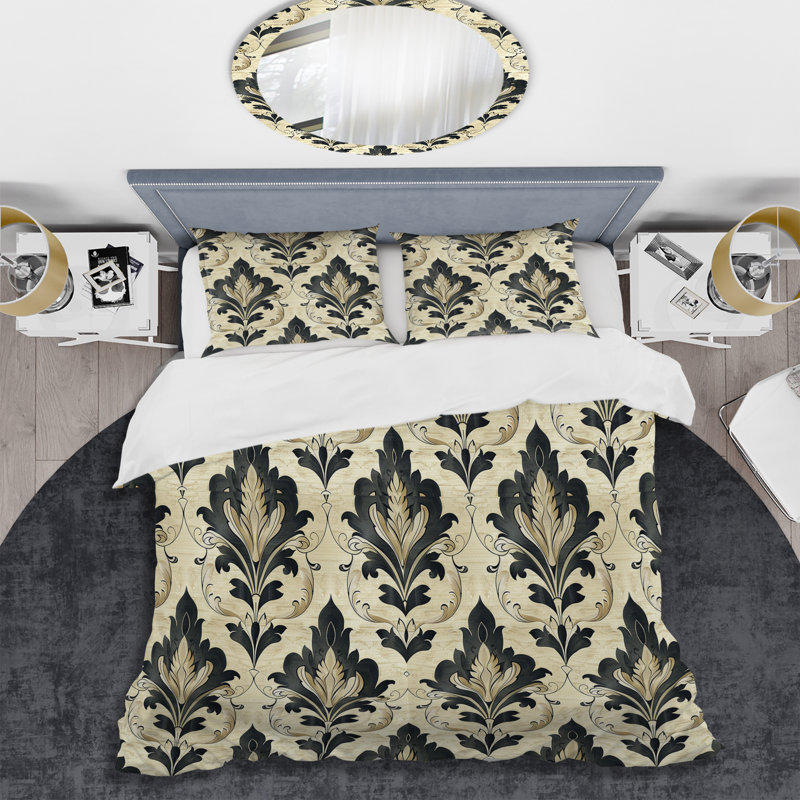 Ensemble de housse de couette moderne à motif floral noir et beige II, Housse de couette très grand et 2 très grandes t