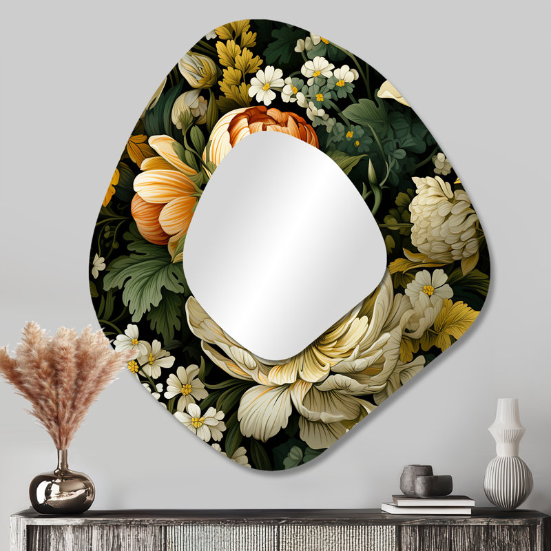 Motif de fleurs de chrysanthème Earthy Greens - miroir de forme irrégulière florale, miroir mural asymétrique vert unique, impression d'art en métal