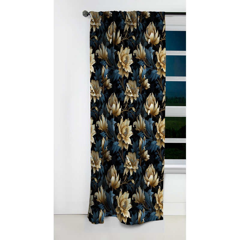 Bleu foncé et doré Techno Damask Realm II - Rideau damassé - Rideau occultant en velours - 1 panneaux, L 52 po x L 108 po