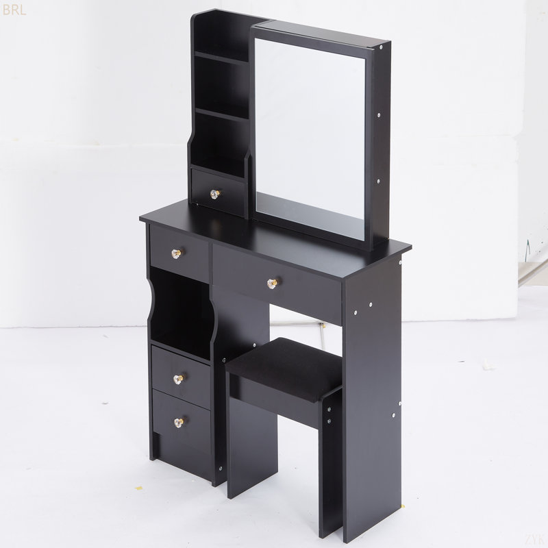 Petit meuble-lavabo de 29,2 po avec tabouret de bureau et tabouret rembourré, très grand miroir coulissant à droite, rangement multicouche à grande capacité, commode pratique et pratique, convient aux petits espaces