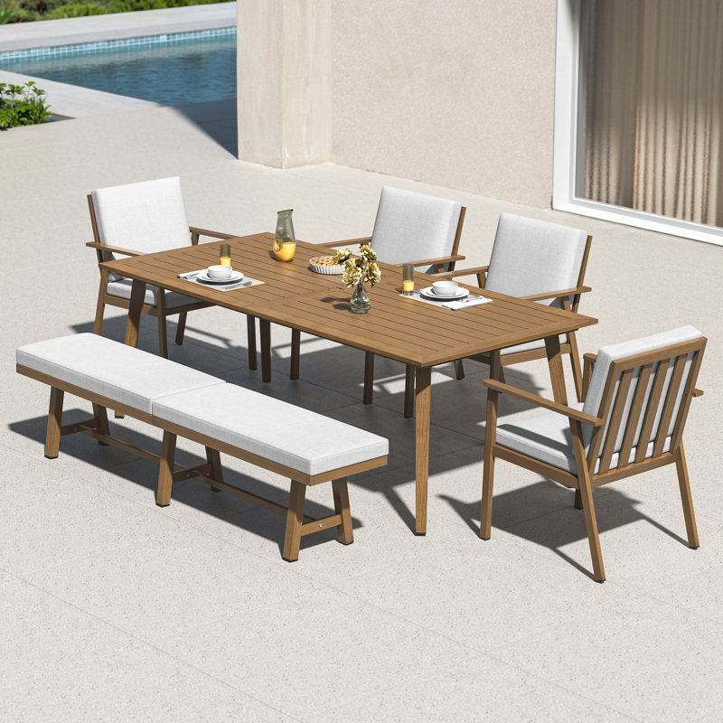 Ensemble de salle à manger d'extérieur 6 pièces Never-Rust Dizon Seehill, table de salle à manger en aluminium pour 8 personnes avec 4 chaises et banc sans dossier pour 3 personnes, ensemble de mobilier de patio pour l'extérieur avec coussin pour pelouse, terrasse, jardin