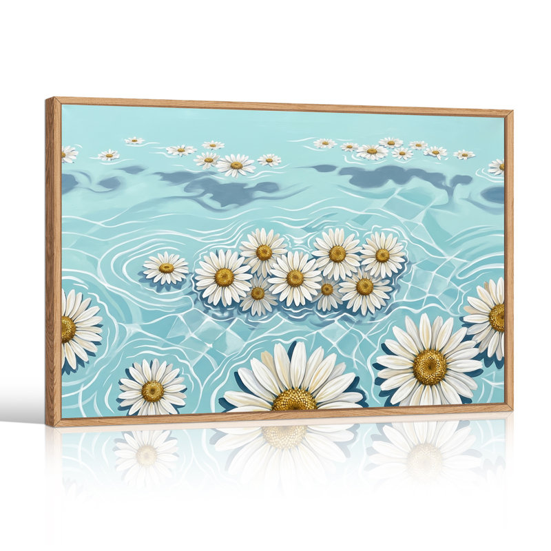 Marguerites blanches flottant sur une eau bleue ondulée - Tableau sur toile, H 24 po x l 36 po