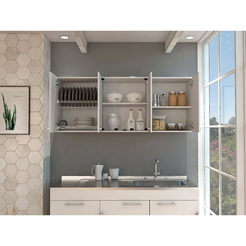 Armoire murale 150 avec verre, quatre tablettes intérieures, deux portes doubles, Blanc