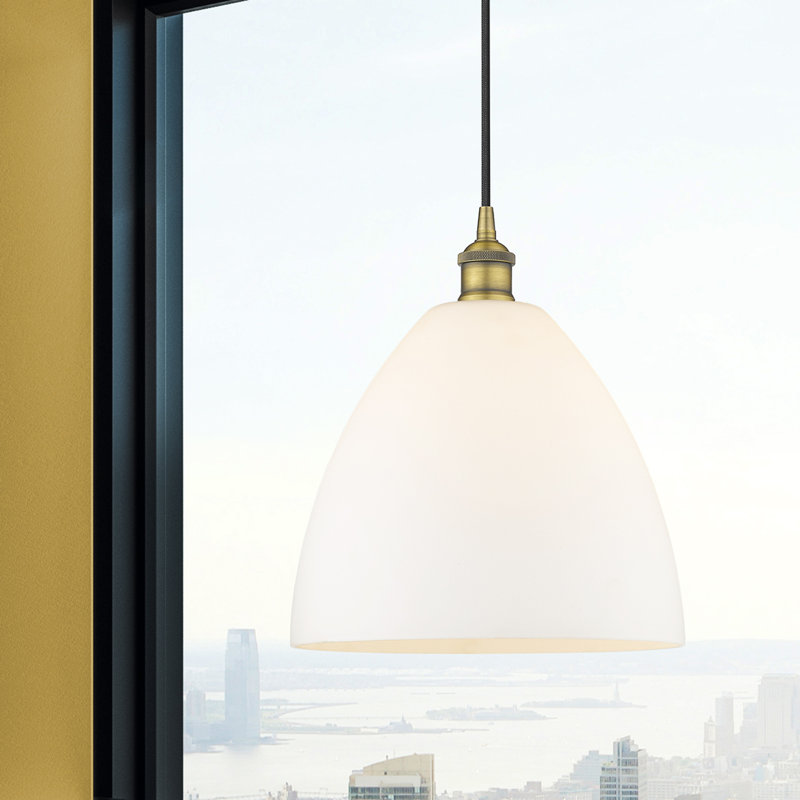 Luminaire suspendu en forme de dôme à 1 lumière Bluford, H 13,75 po x l 12 po x P 12 po, Blanc, Laiton brossé