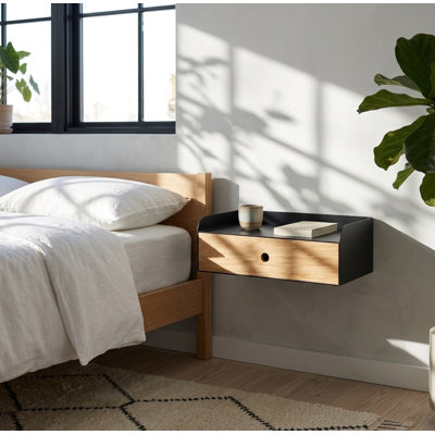  1 table de chevet flottante de couleur noir et bois naturel | Bois massif avec tiroir