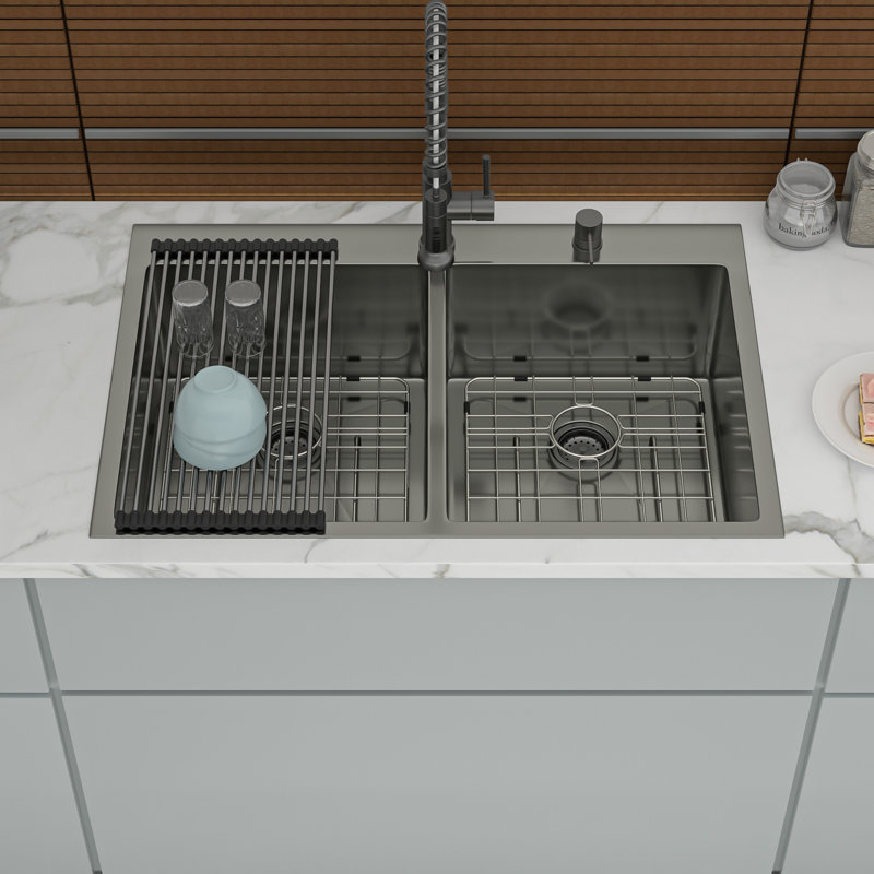 Gunmetal Black Double Bowl Drop In Sink, 33" Product Depth, 22" Width, 16 Gauge, 10" Deep Basins, 50/50 Design For Multiple Kitchen Cleaning Requirements, Hand - Crafted With Rear Drain And X