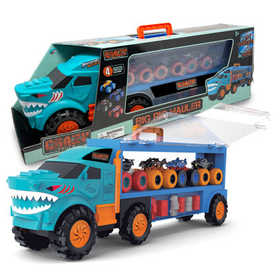 Crazy Truck: Big Rig Hauler - Ensemble de véhicule moulé sous pression 13 pièces, semi-camion 24 po, 4 camions monstre et accessoires de cascade, portes et poignées pliantes, enfants de 3 ans et plus