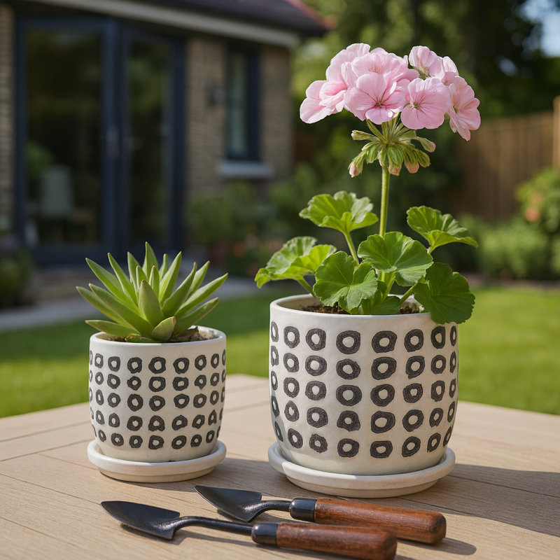 Patterned Outdoor Planters with Saucer for Living Room & Home Decor - Classic Indoor Planter Flower Pots for Patio Use - Set of 2,  6", 5", Ivory & Black