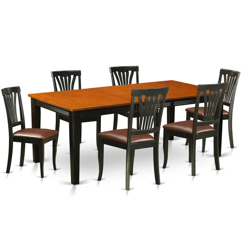 7 Piece Kitchen Table Set Consist of a Rectangle Dining Table with Butterfly Leaf and 6 Faux Leather Dining Room Chairs, 40x78 Inch, Black & Cherry