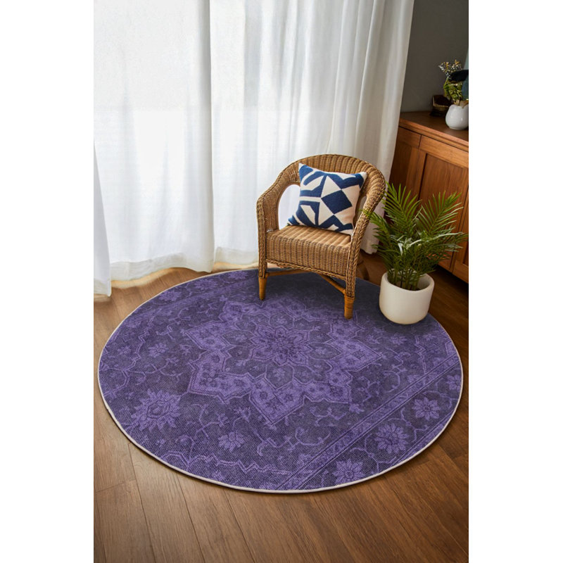Anatolia Collection Digital Print Cotton-Polyester Purple Oriental Rug, Round 3'4"