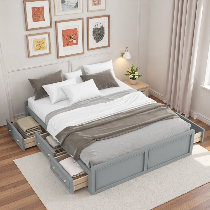 Structure de lit plateforme en bois avec 6 tiroirs, gris